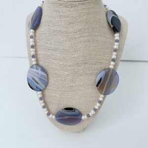 NWT Genuine Agate & Pearls Necklace Beaded Purple White
